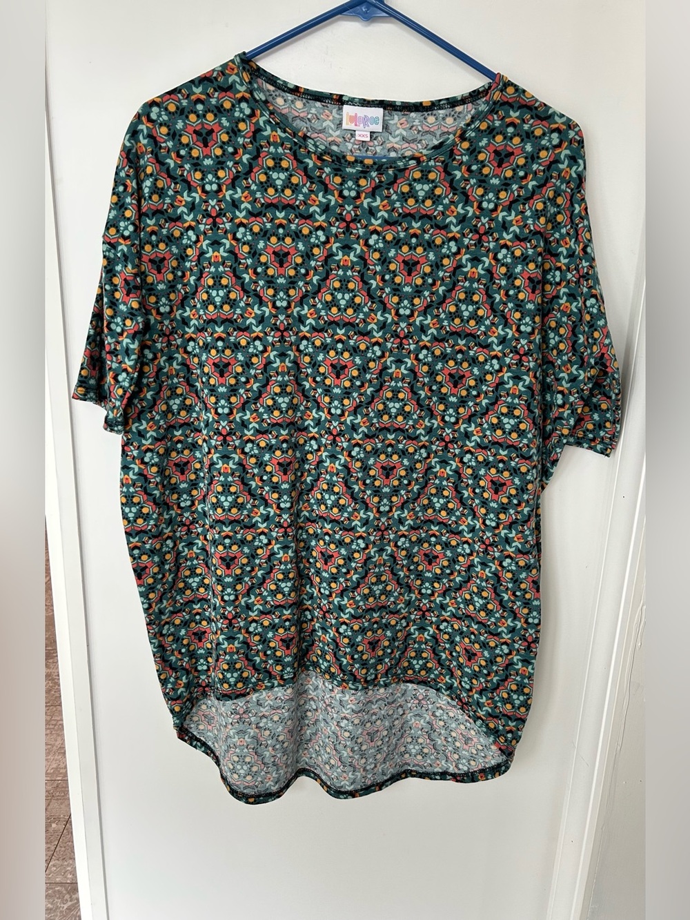 LuLaRoe Irma Tunic Top XXS Teal Orange Geometric Kaleidoscope Hi-Low Hem